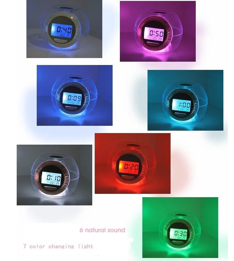 White colorful natural sound alarm clock with large LCD display and seven colour cycle light