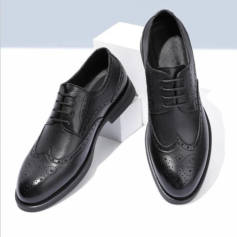 Men's black and brown brogue shoes with business styling and PU leather uppers