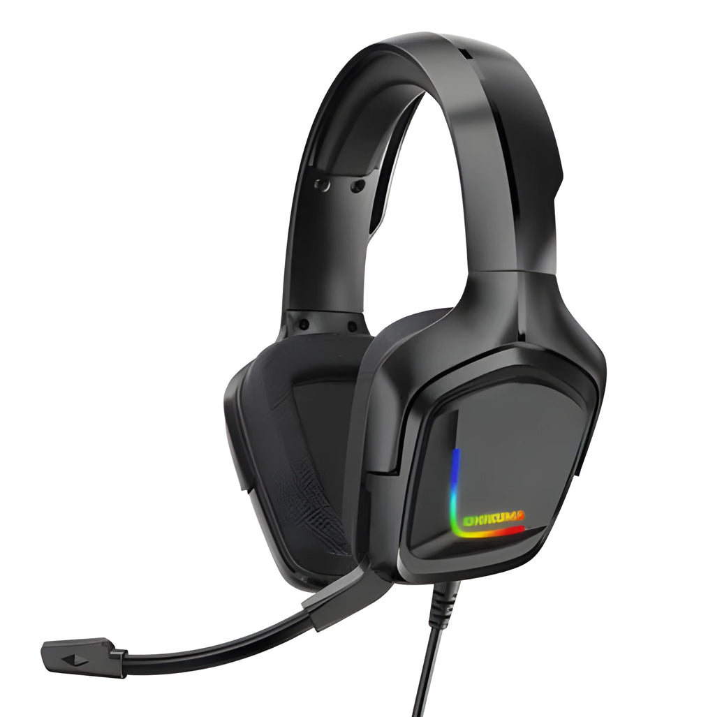 K20 wired RGB gaming headset with illuminated ear cups, cloth earmuffs, and braided cable in black, camouflage grey, or white