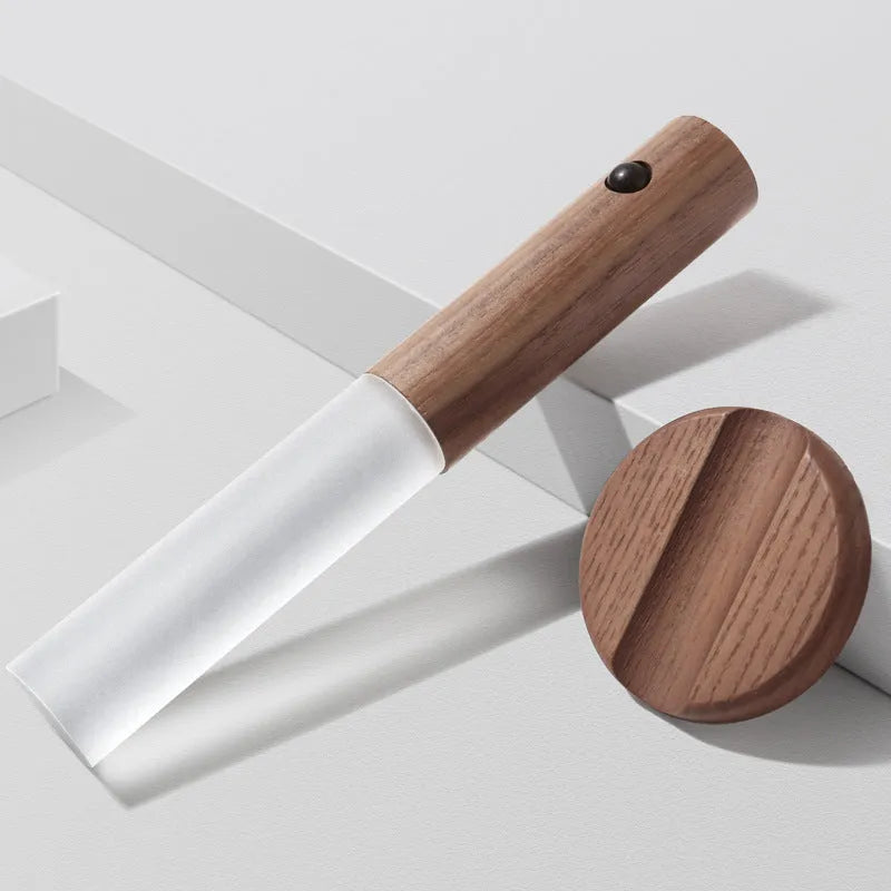 Smart sensor LED desk lamp in coffee colour with solid wood base and organic glass light diffuser