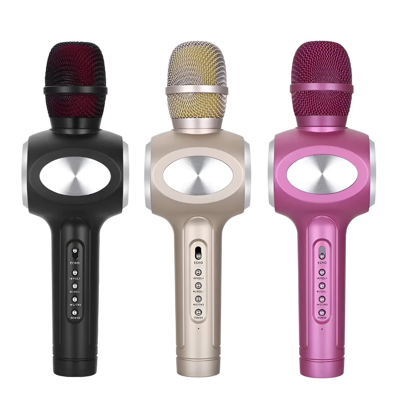 Yaerjia E108 mobile microphone karaoke system with integrated speaker in black, gold or pink colour options
