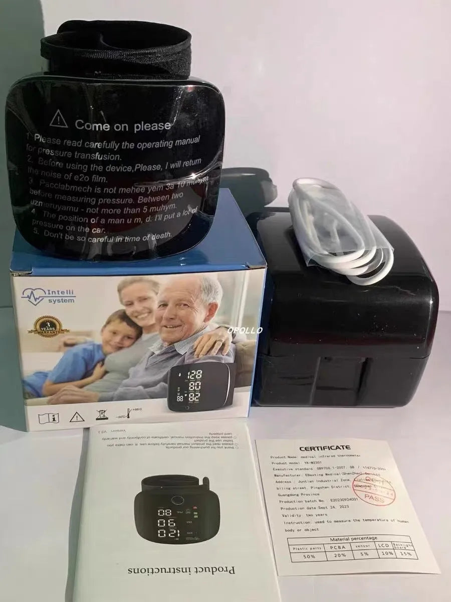 Black wrist blood pressure monitor with digital display and adjustable cuff.