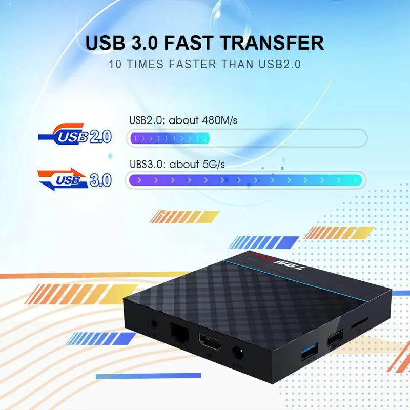Black T95 Max Plus Android TV box unit with remote control and UK power plug adapter on a table.