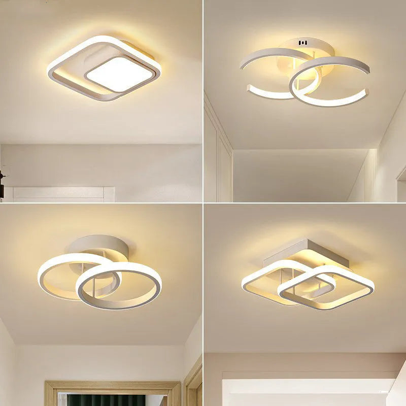 Three styles of commercial LED corridor lights: black double semicircle, white double circle, and white bipartite designs