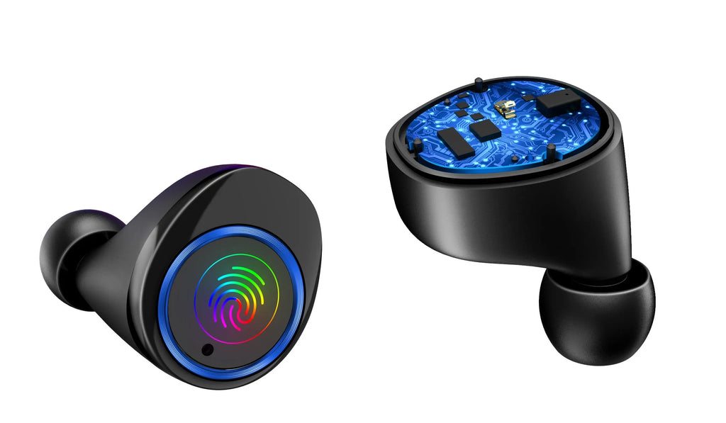 Black X11 Bluetooth wireless earbuds and charging case on a white background