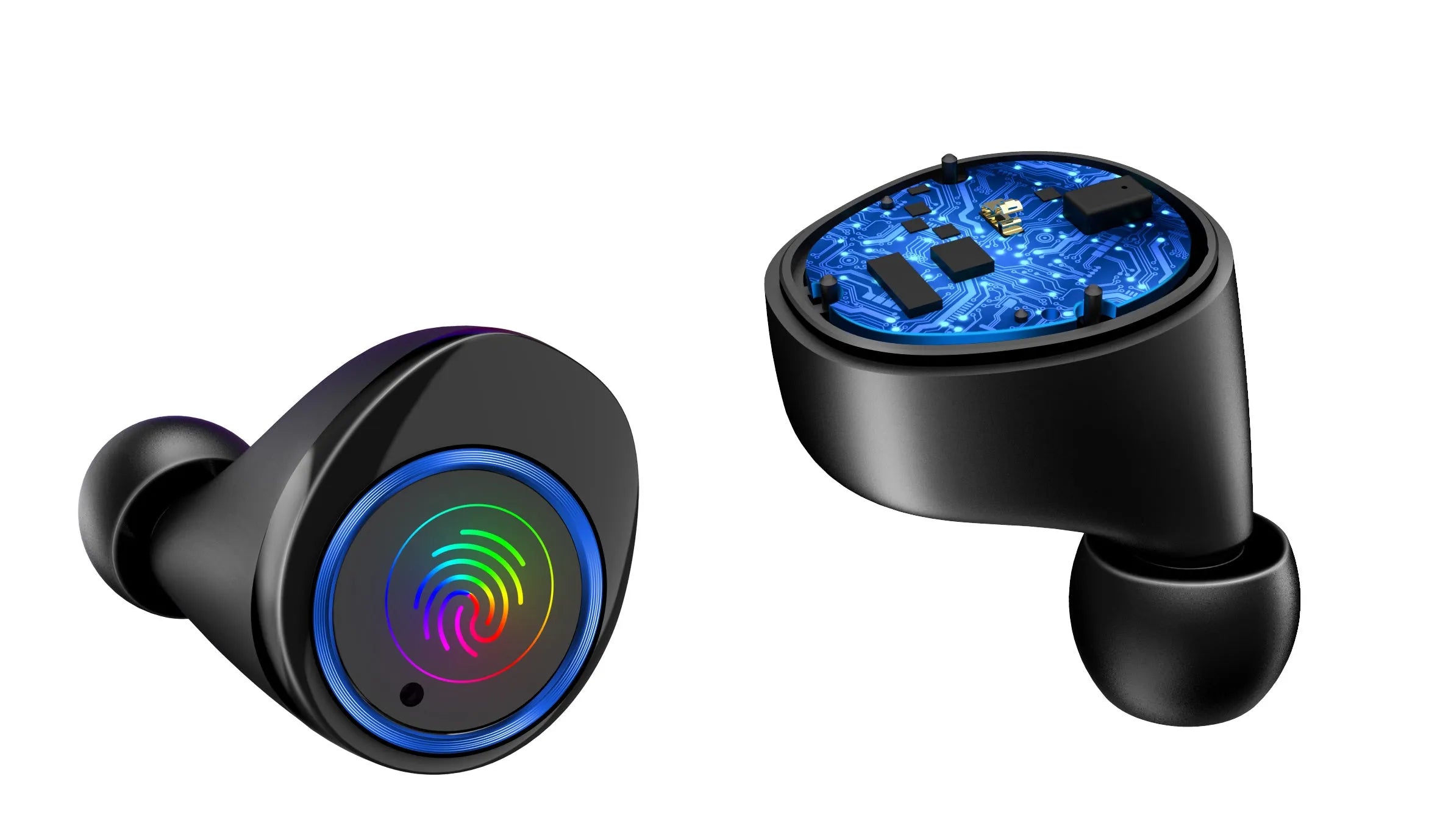 Black X11 Bluetooth wireless earbuds and charging case on a white background