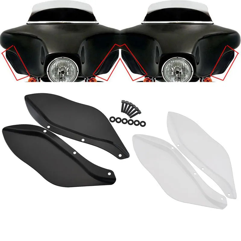 Pair of black ABS plastic side windshields for a Harley-Davidson Touring Glide motorcycle.