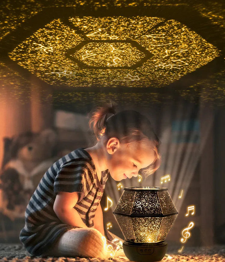 Children's rotating stars LED night light projecting colourful star patterns on a wall