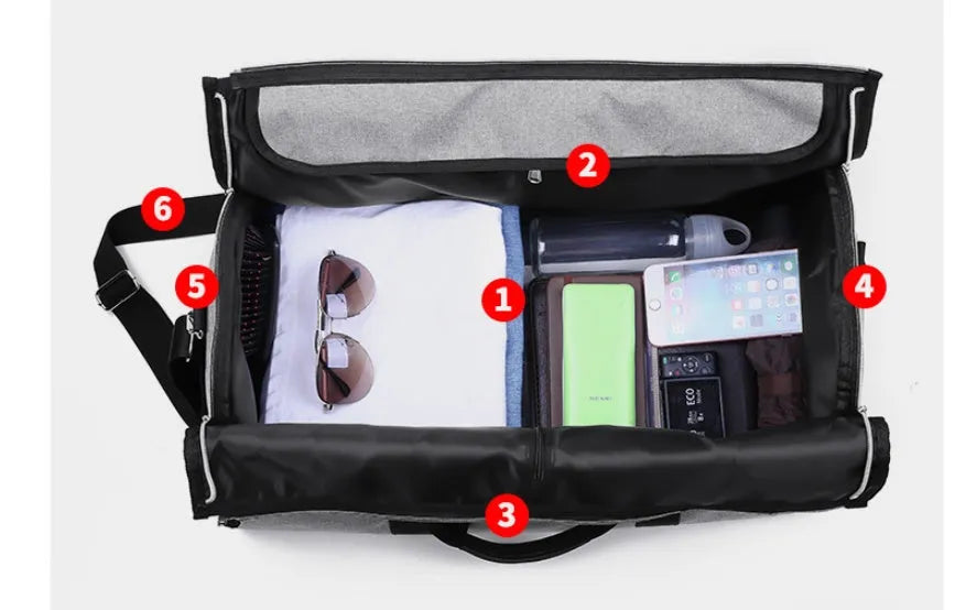 Black cylinder-shaped travel bag with a zipper opening, made from Oxford cloth, showing its medium size.