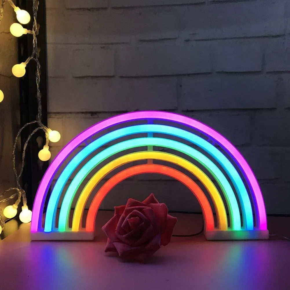 LED wall hanging rainbow neon light with compact 30x2x16cm housing on a wall