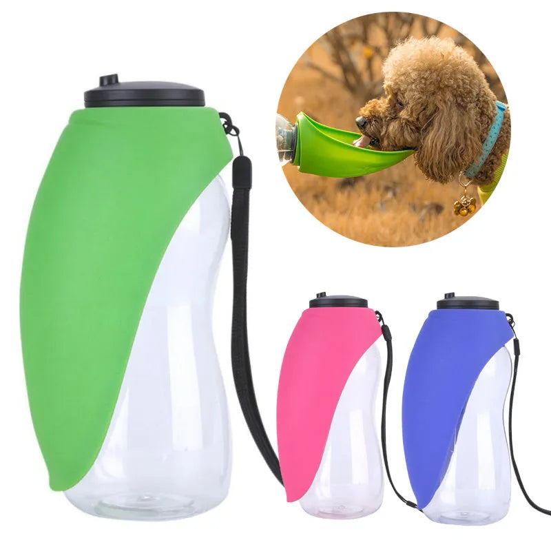 Portable blue pet drinking water bottle with attached bowl and carabiner clip for outdoor use