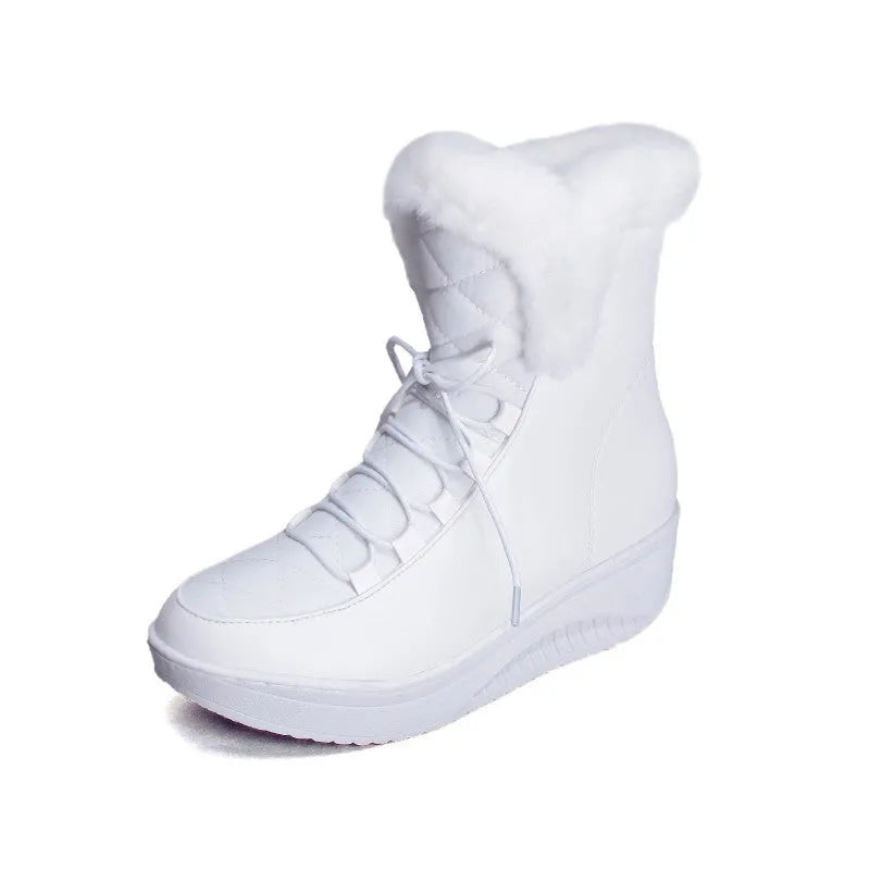 Women's black lace-up winter boots with a platform sole on a neutral background.