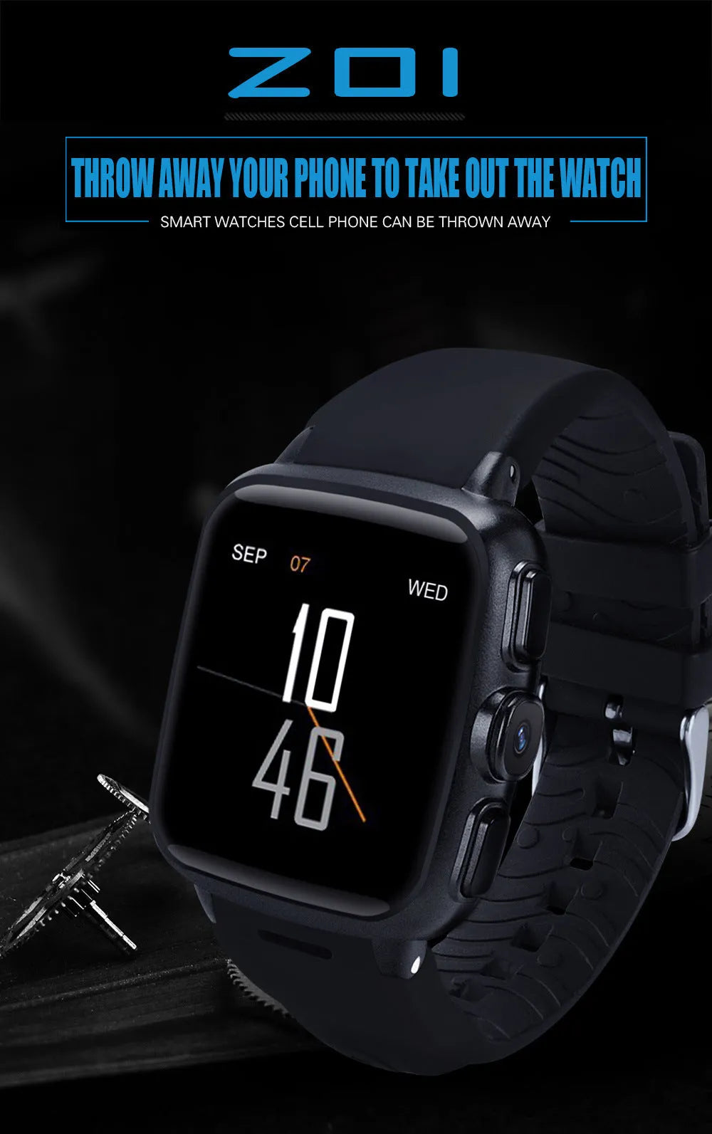 Z01smart watch with black strap and 1.54inch screen showing time display.
