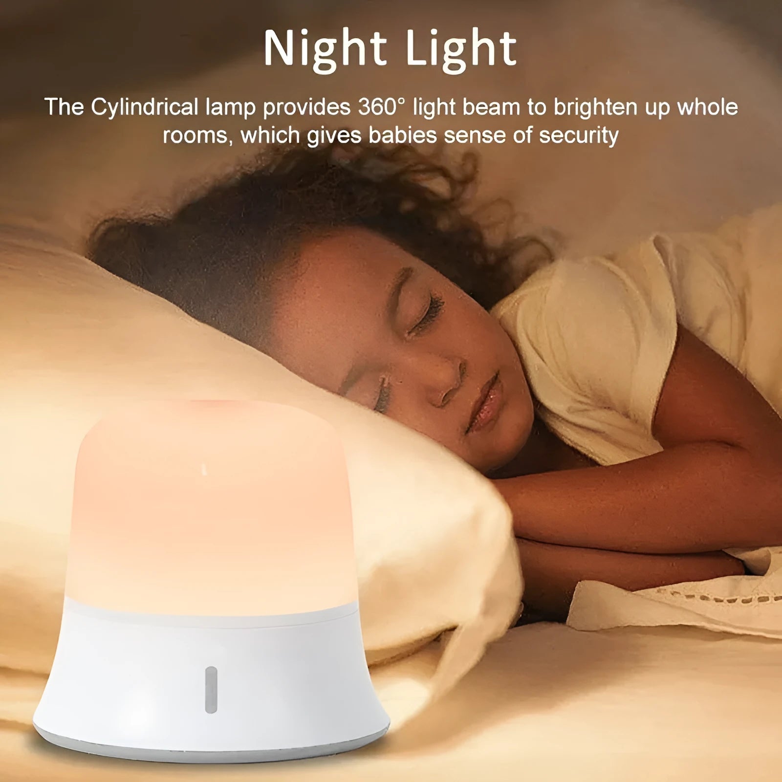 White cylindrical bedside night light with touch controls on a wooden surface.