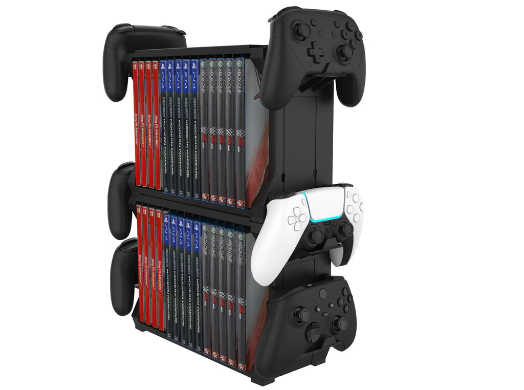 Black PS5 disc holder stand storing game cases and four controllers