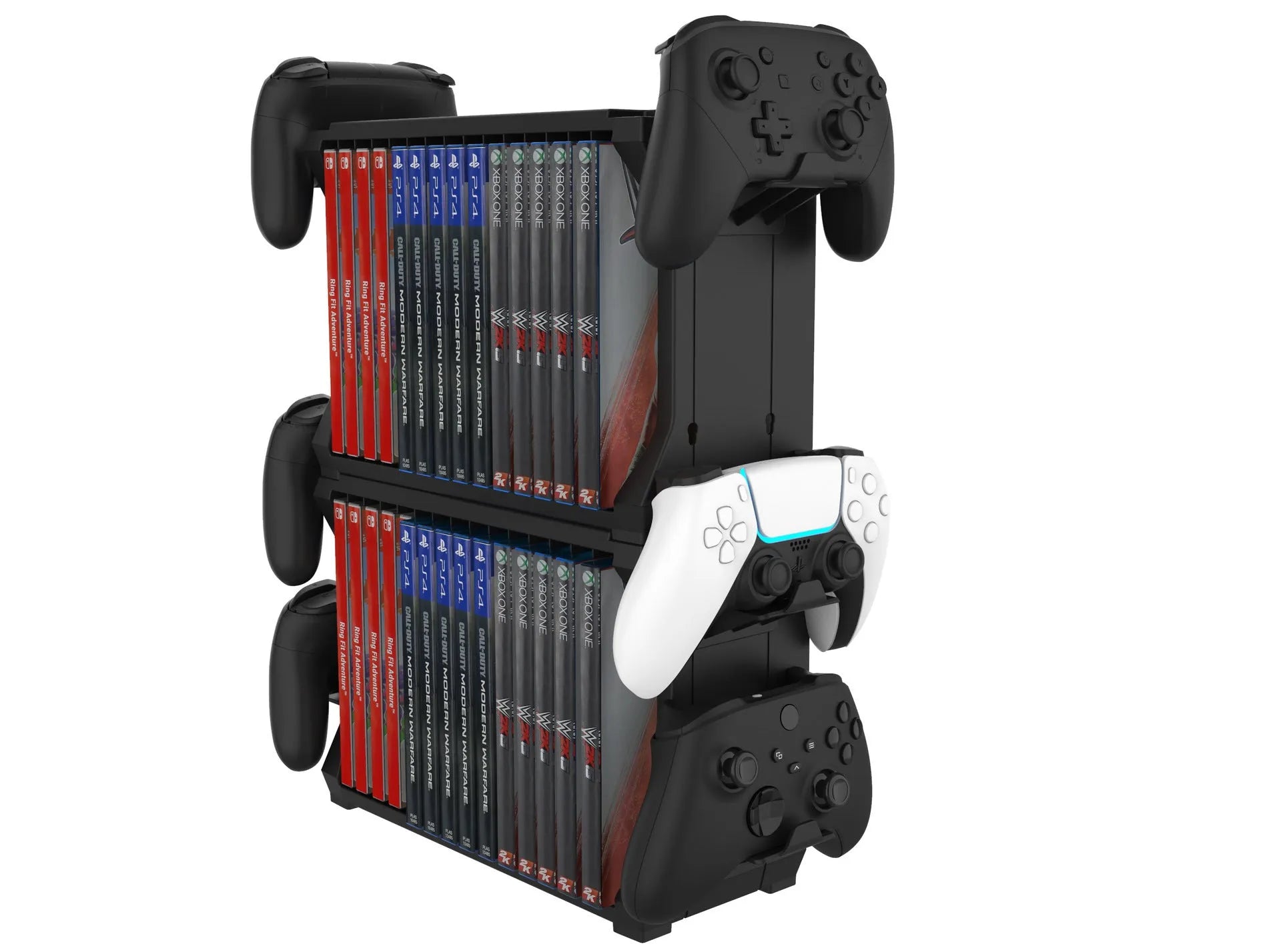 Black PS5 disc holder stand storing game cases and four controllers