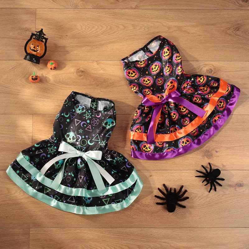 Halloween dog skirt with colourful pumpkin print, shown in size M on a mannequin.