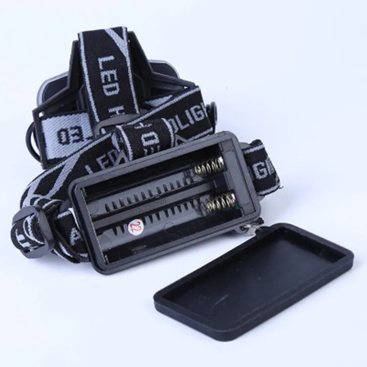 Head-mounted camping light with fixed focus long-range beam for outdoor use