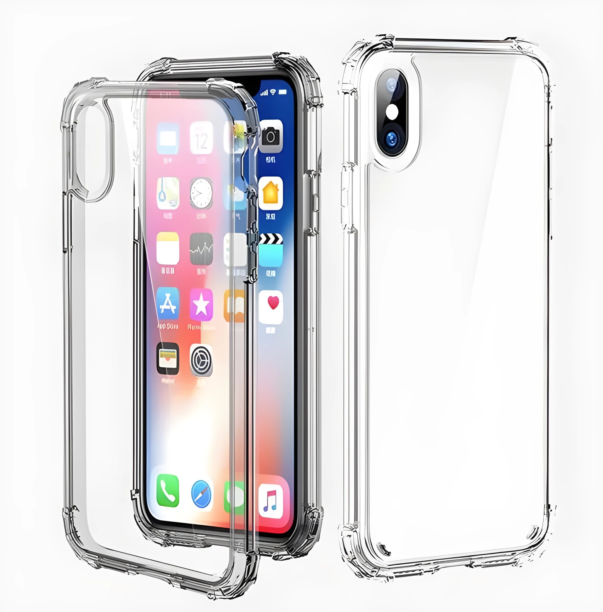 Clear transparent TPU shockproof back cover case for iPhone on a table.