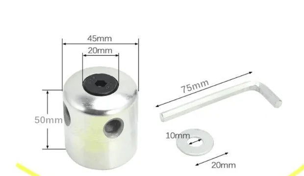 Silver aluminium Luzhu lawn mower grass trimmer head with four light yellow square ropes, wrench, and gasket.