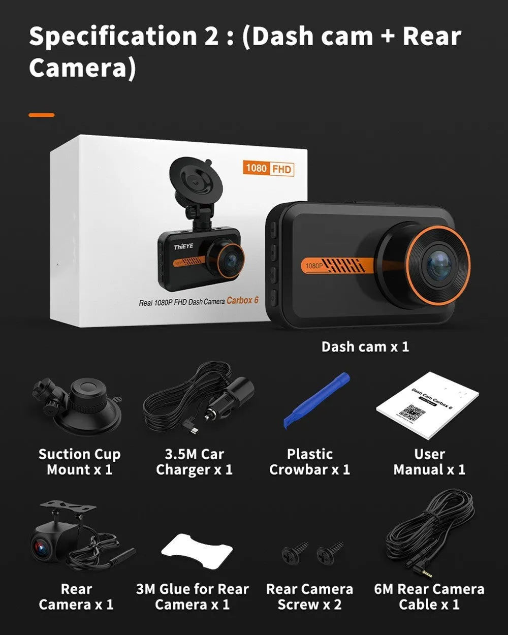 ThiEYE front and rear car dash camera with 3-inch screen, suction cup mount, and rear camera.