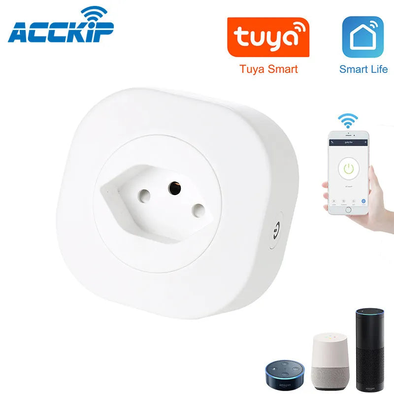 White smart socket plug with WiFi connectivity for voice control, showing EU-style prongs