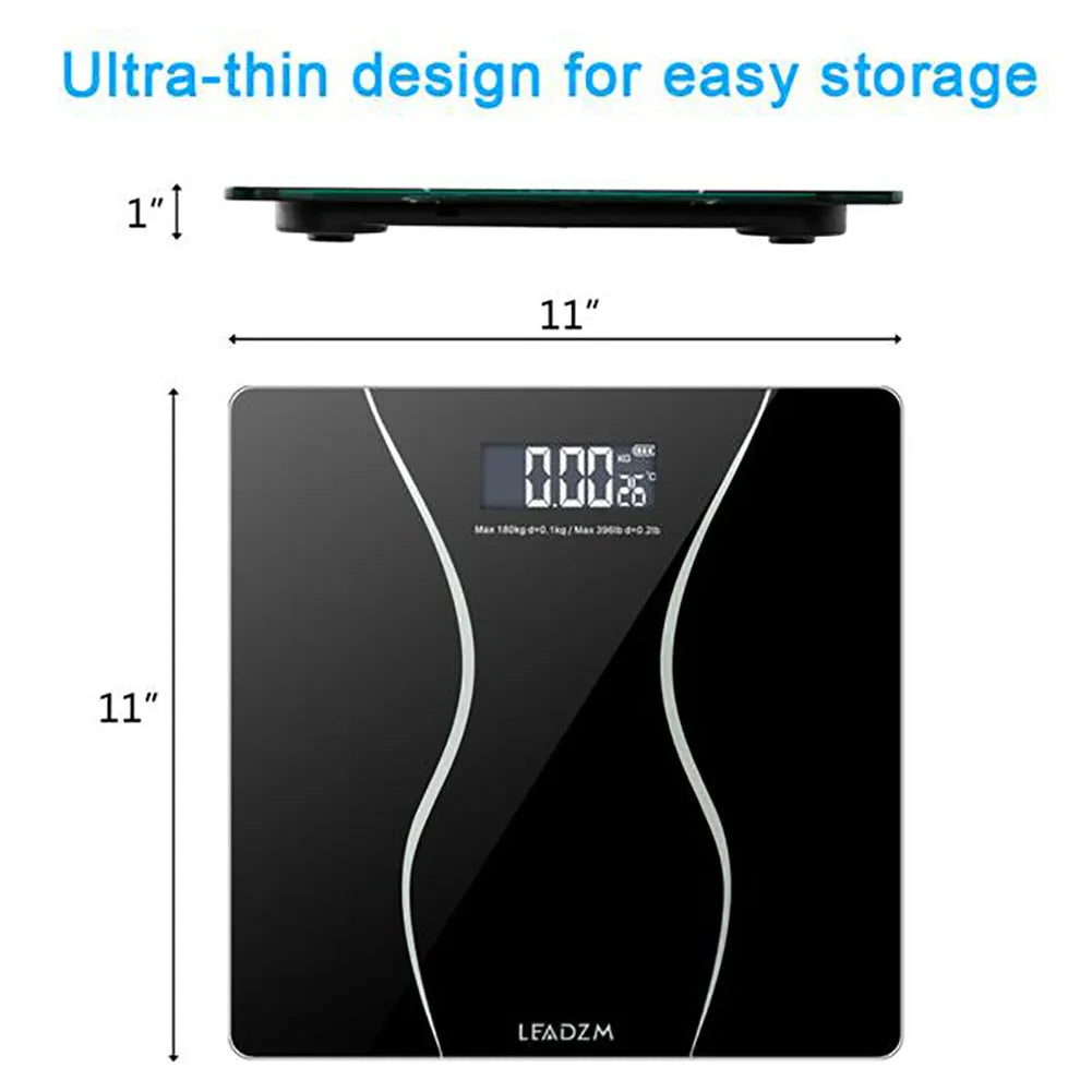 Black electronic digital bathroom scale with a digital display, shown on a bathroom floor.