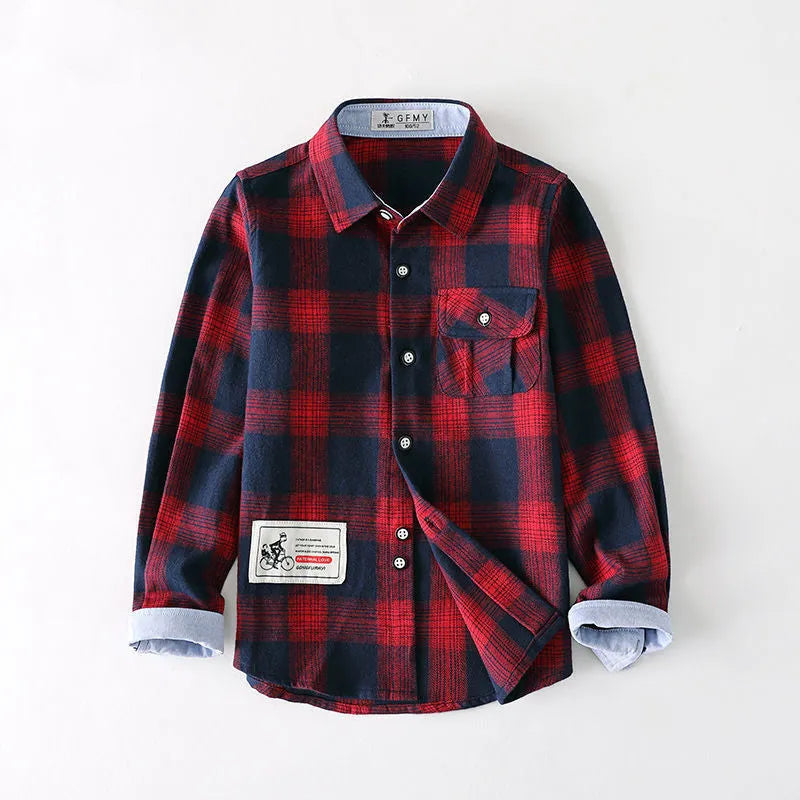 Boys plaid long sleeve slim fit cotton shirt in green with grid pattern