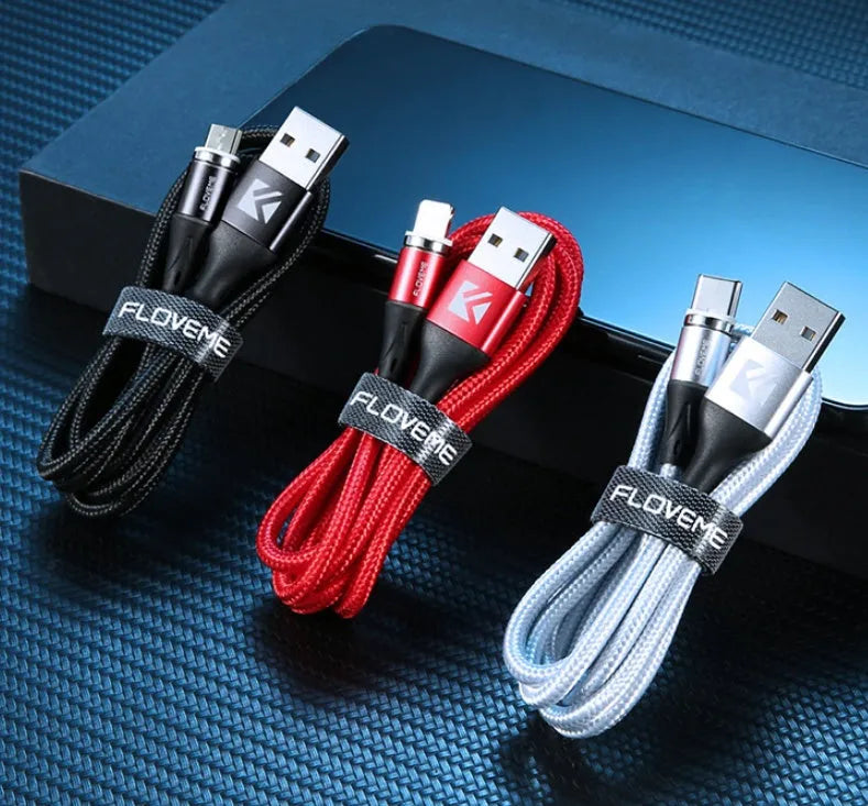 Black magnetic USB-C fast charging cable with side indicator lights for iPhone and Android devices