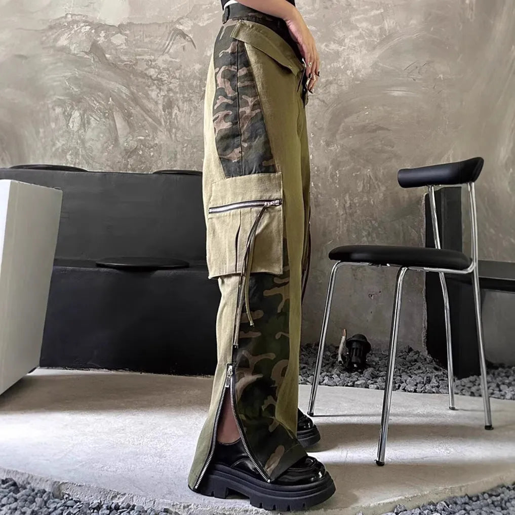 Women's dark khaki leopard print high waist straight leg jeans with retro stitching details