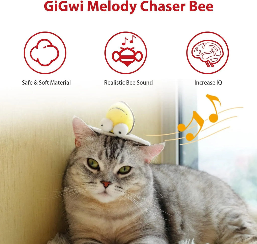Yellow bee-shaped electronic cat toy with motion-activated chirping function for interactive play