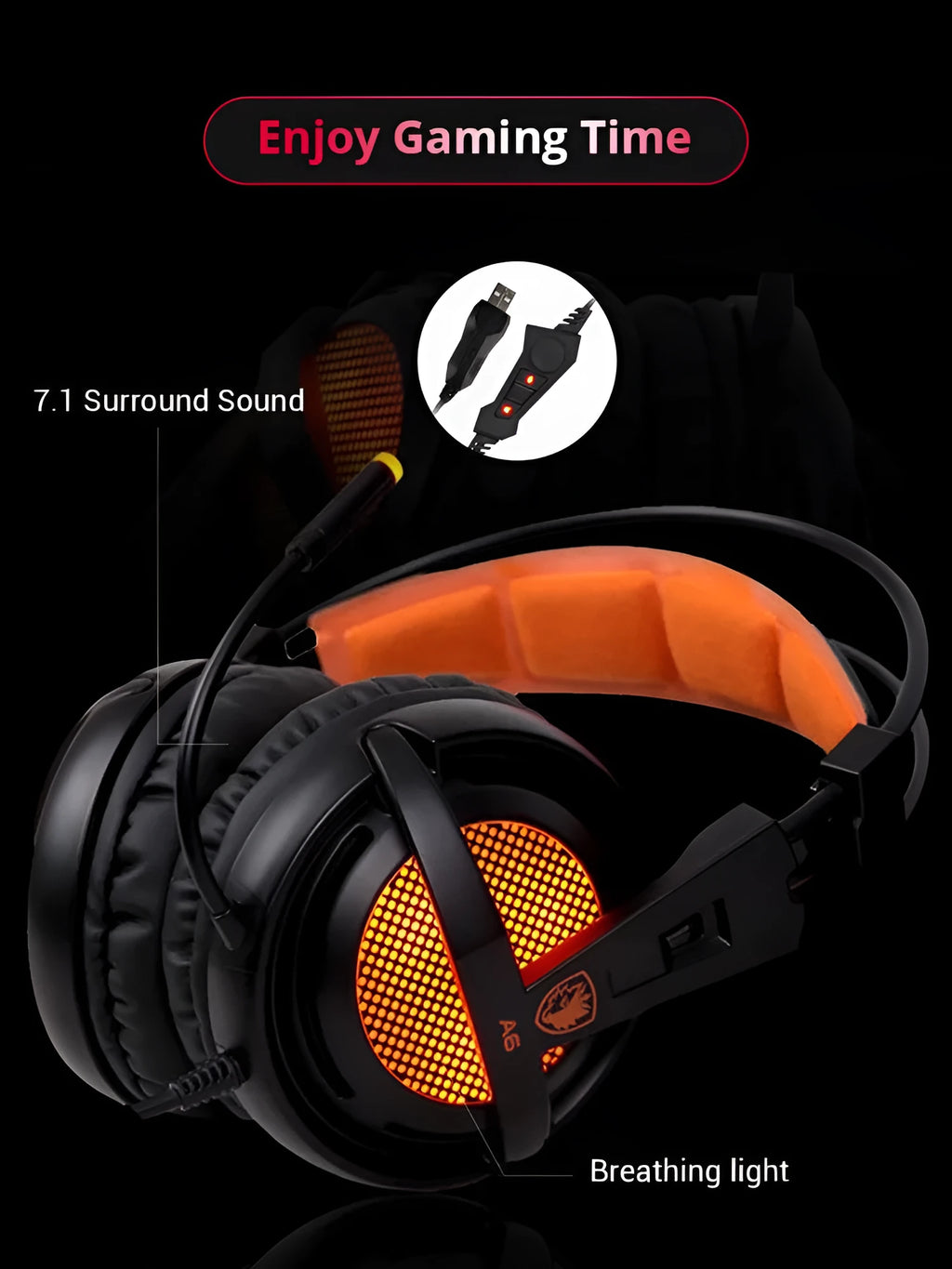 Black and white 7.1 USB gaming headset with LED lights on ear cups and a padded headband.