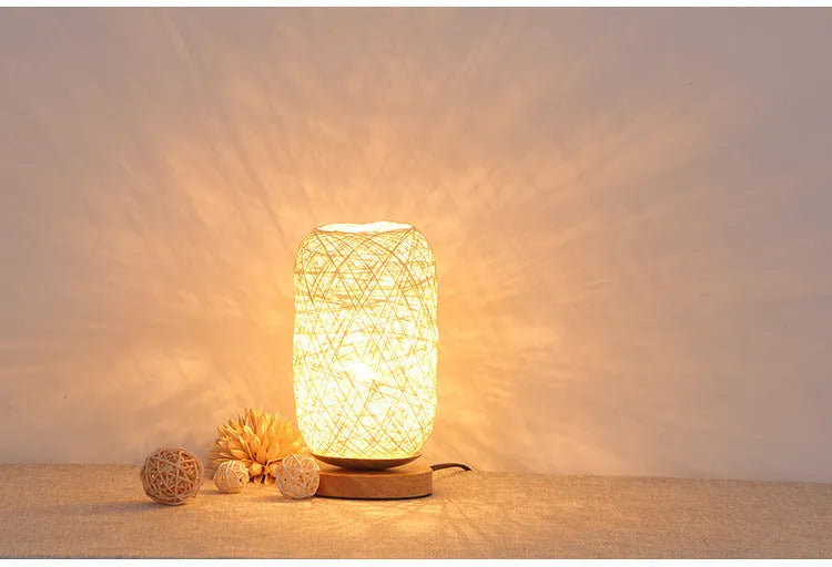 Brown hemp rope desk lamp with solid wood base and USB-powered LED light