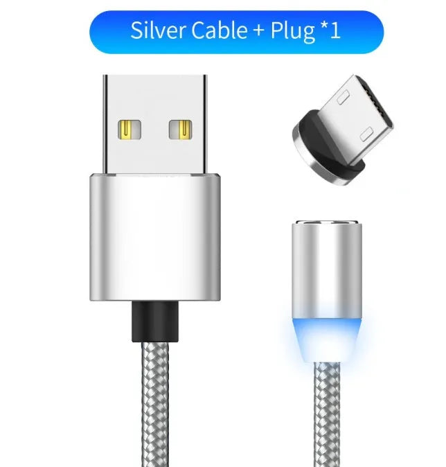 Black braided magnetic USB charging cable with LED light and aluminium connector.