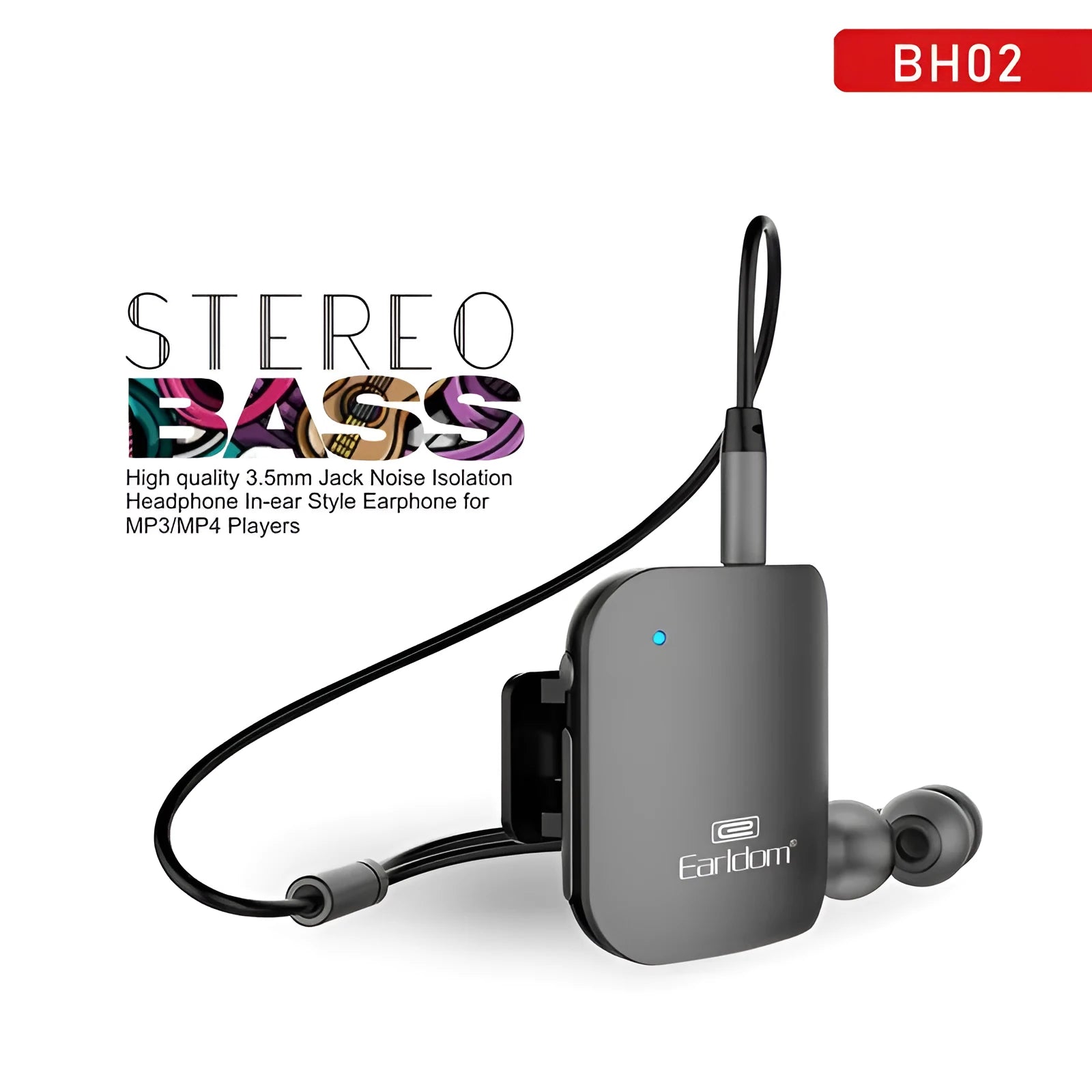Black Bluetooth audio receiver unit for wireless headphones with lavalier earpiece