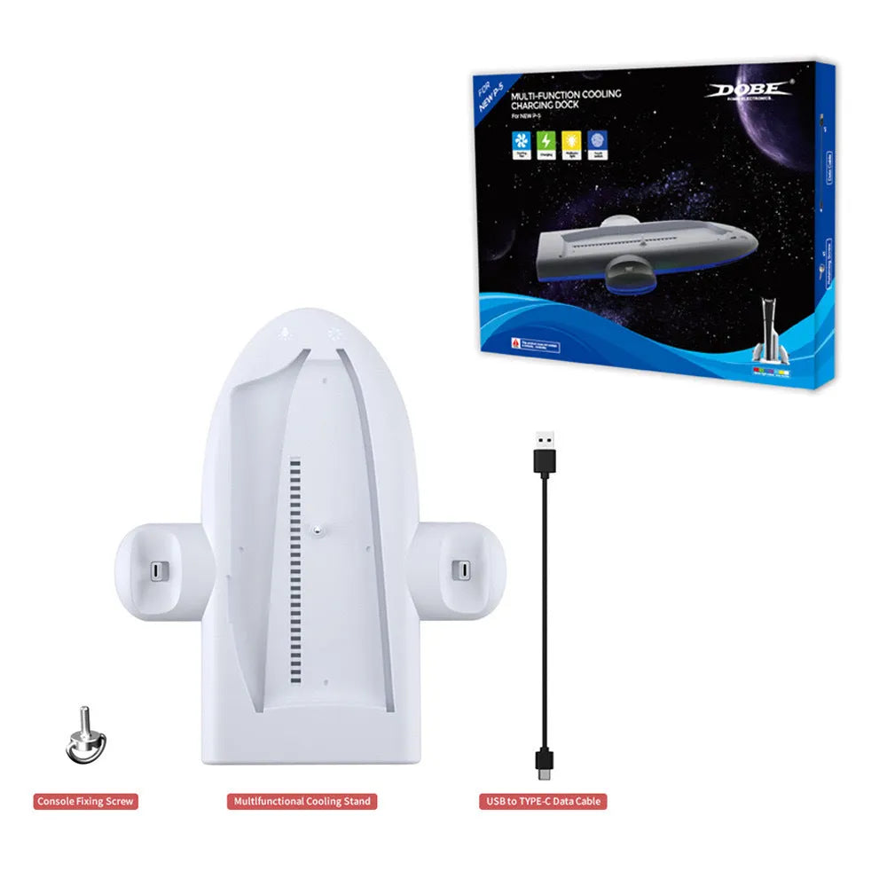 White PS5 Slim multifunctional cooler pad with charging dock and RGB lighting