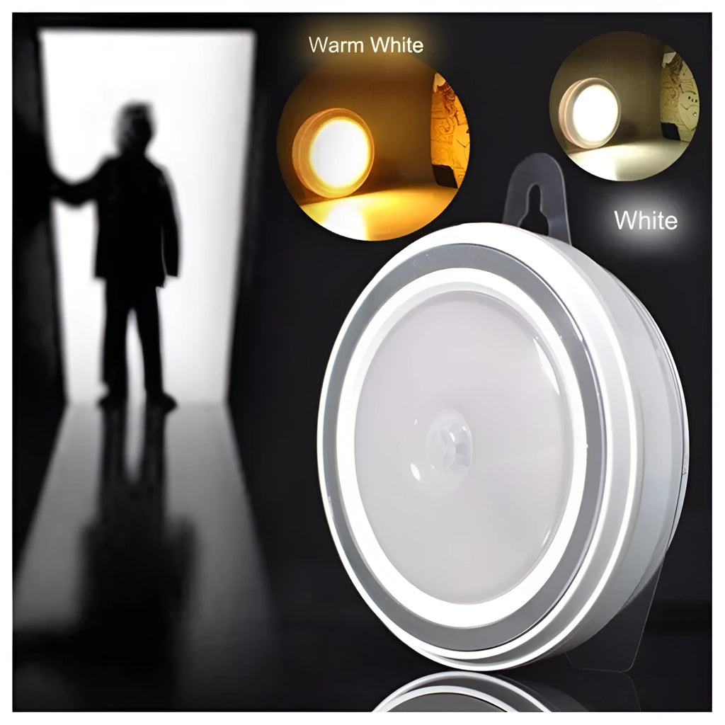 Compact circular white motion sensor LED light with a diameter of 80mm, suitable for wardrobe or corridor mounting.