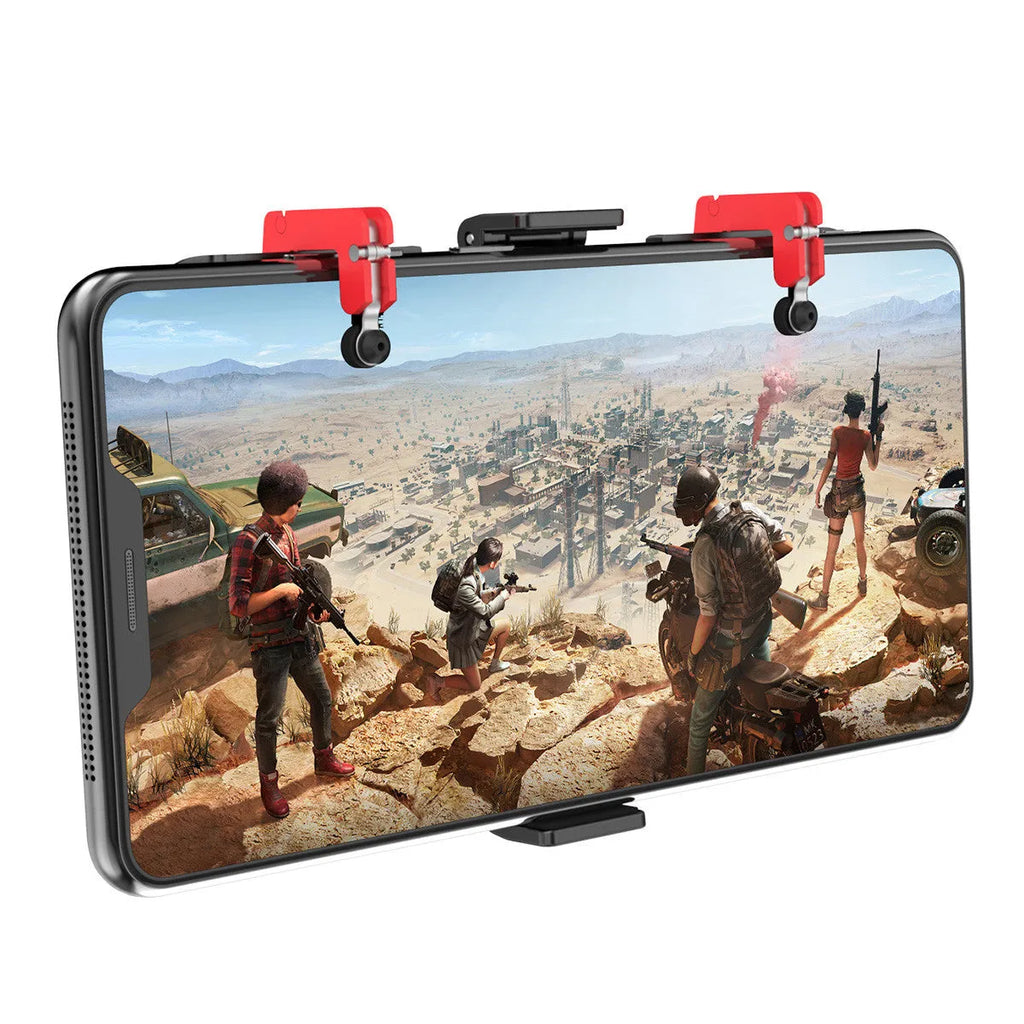 Black mobile phone gaming controller with adjustable trigger and telescopic clip for 67-87mm wide devices