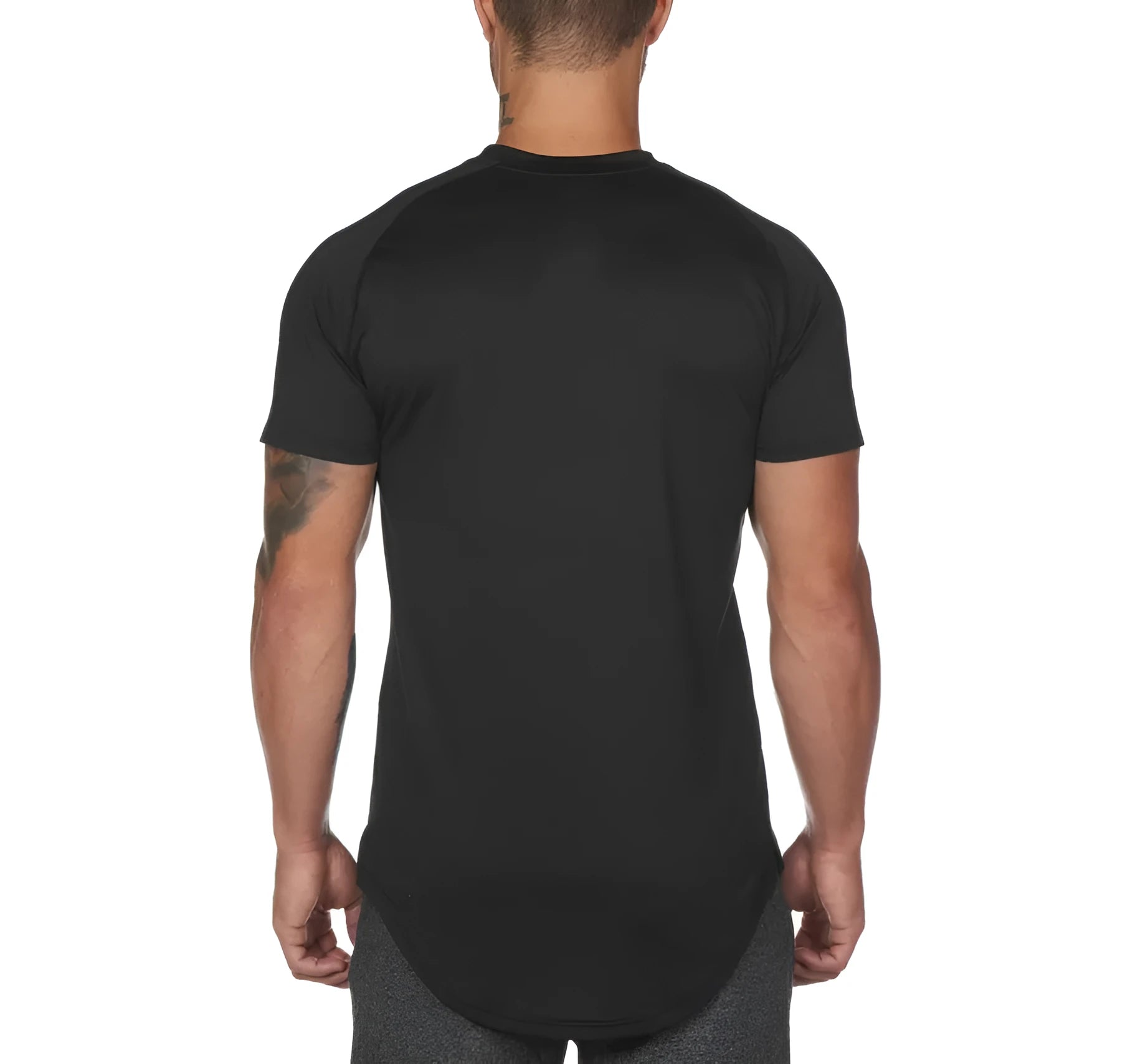 A plain men's grey gym shirt made from cotton and spandex fabric on a hanger.