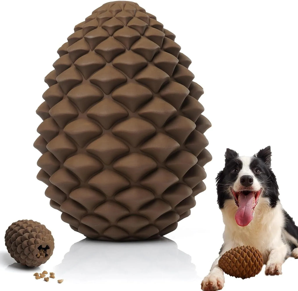 Yellow natural rubber pine cone dog toy with treat dispenser for medium large dogs