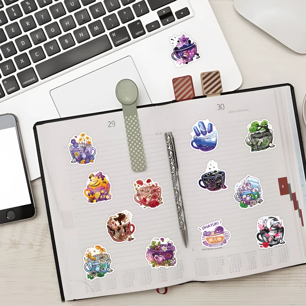 Colourful tea cup graffiti design waterproof vinyl stickers pack of 50 for DIY customisation