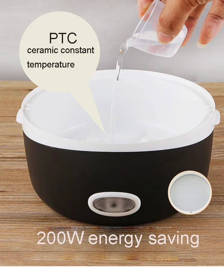 Multi-function electric lunch box with heating element showing two-layer and three-layer capacity options