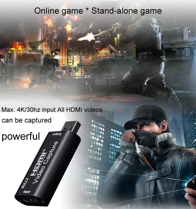 Black HD video capture card USB 3.0 with HDMI input and dimensions 63.8x28x12.8 mm