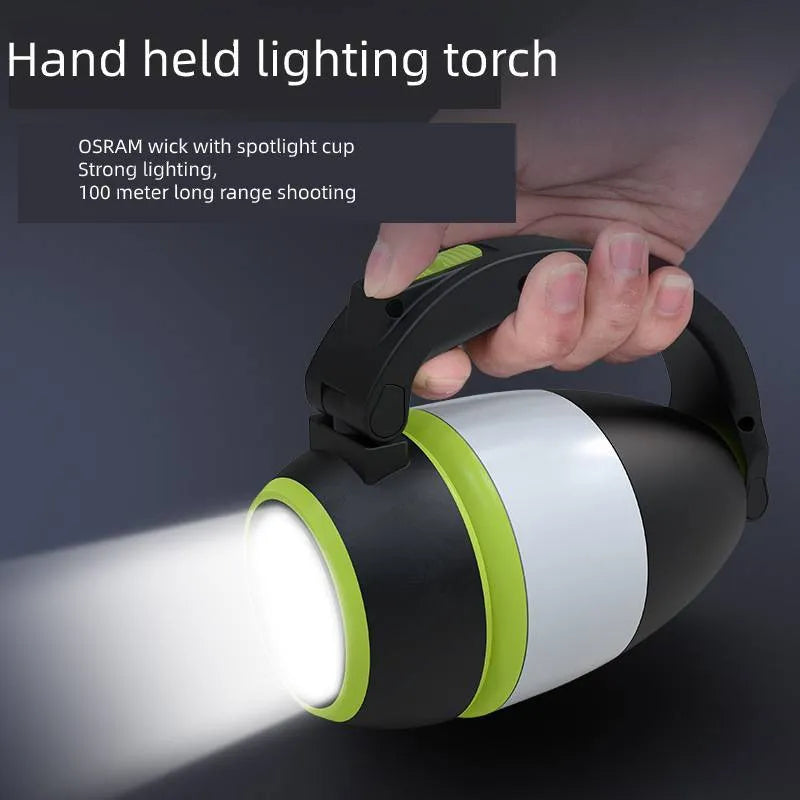 Black green multifunctional LED lamp with folding stand, shown in camping and desk use settings.