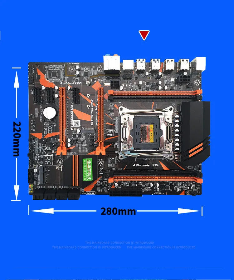 X99 motherboard showing LGA2011-3 CPU socket, four DDR4 slots, M.2 interface, and rear USB audio ports