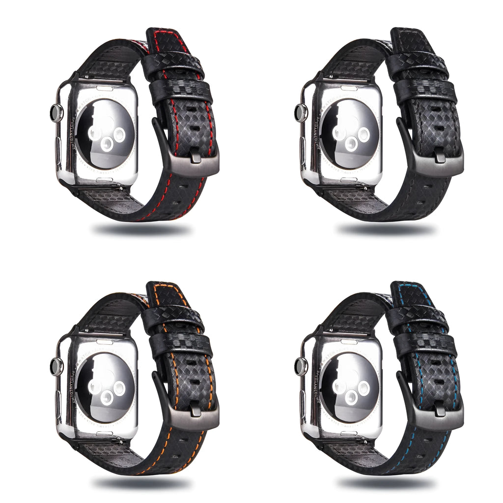 Leather Apple Watch strap with carbon fibre pattern case in black, blue, orange, and red colour options