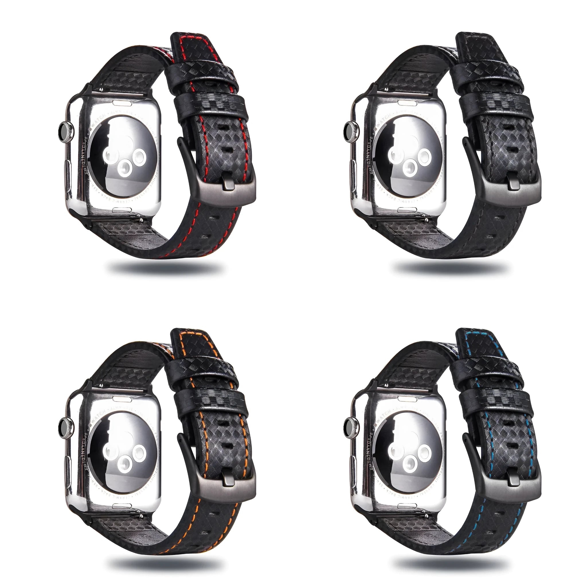 Leather Apple Watch strap with carbon fibre pattern case in black, blue, orange, and red colour options