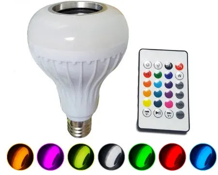 White smart LED bulb with E27 base featuring Bluetooth speaker and remote for colour control.