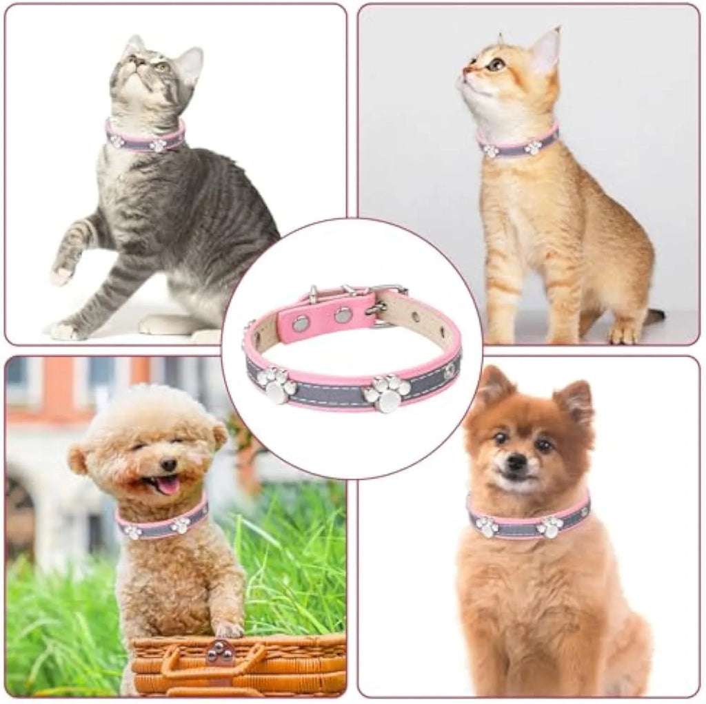 Reflective leather dog collar with paw rivets and metal buckle in adjustable sizes for dogs