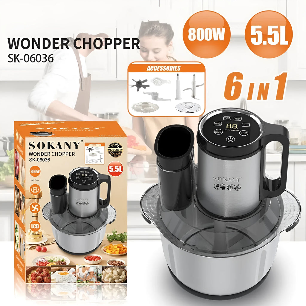 Stainless steel meat grinder with 5L capacity and adjustable speed control for mincing and food processing